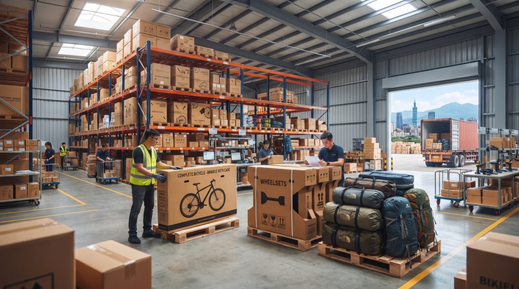 Inside a modern logistics warehouse, employees are preparing to ship complete bicycles, wheelsets, and outdoor camping gear.