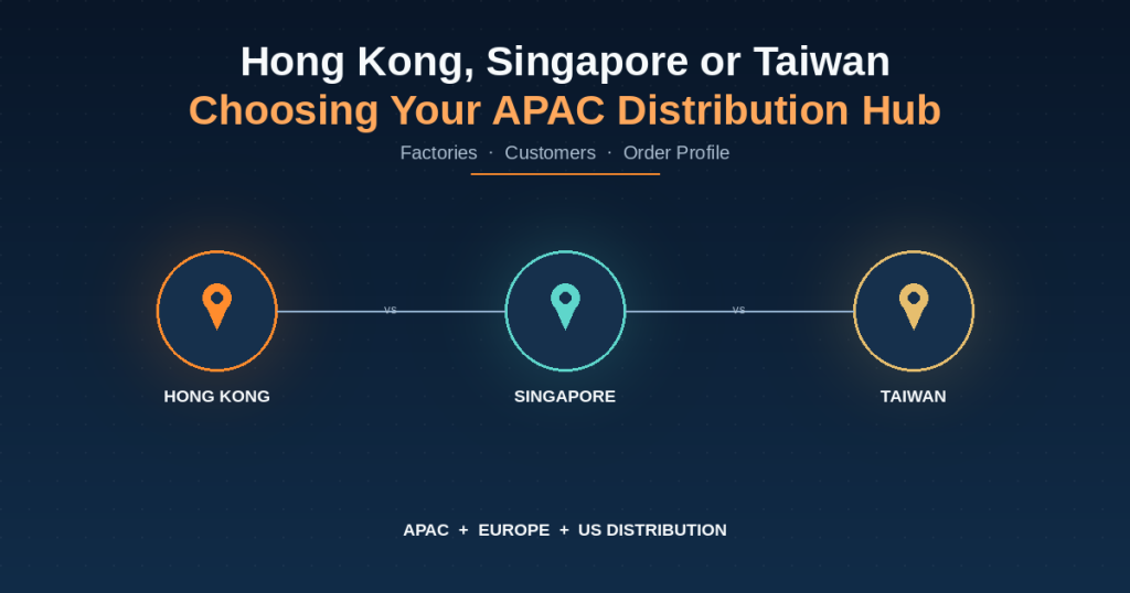 Comparison diagram of Hong Kong, Singapore and Taiwan as an APAC distribution hub for factories, customers and order profile decisions