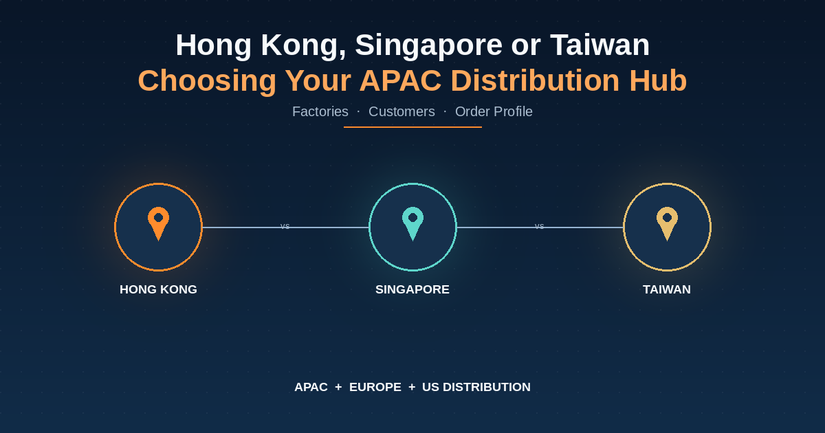 Comparison diagram of Hong Kong, Singapore and Taiwan as an APAC distribution hub for factories, customers and order profile decisions