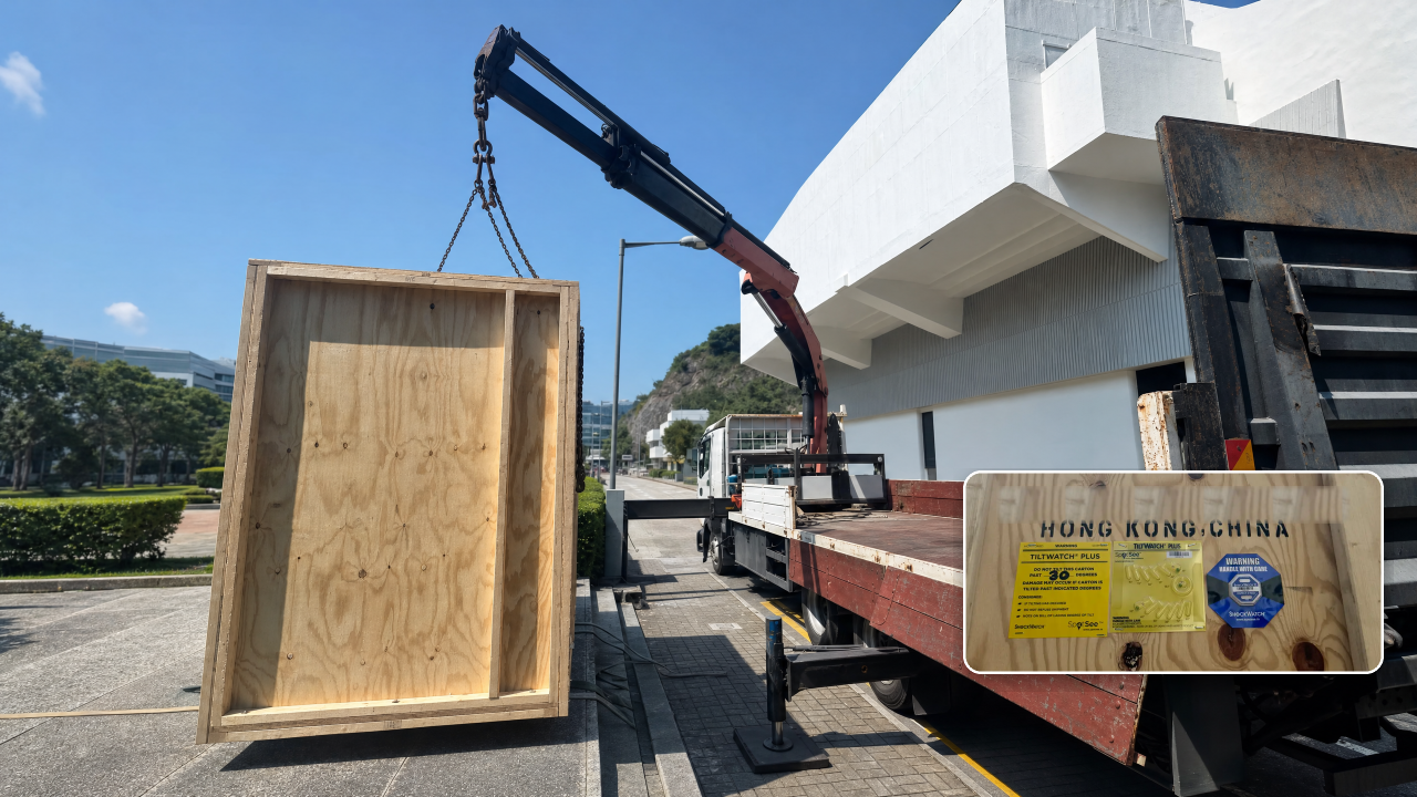 Wooden crate containing laboratory equipment prepared for careful handling from Hong Kong
